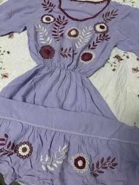 Lavender HandEmbroidered Boho Dress with Floral Detailing